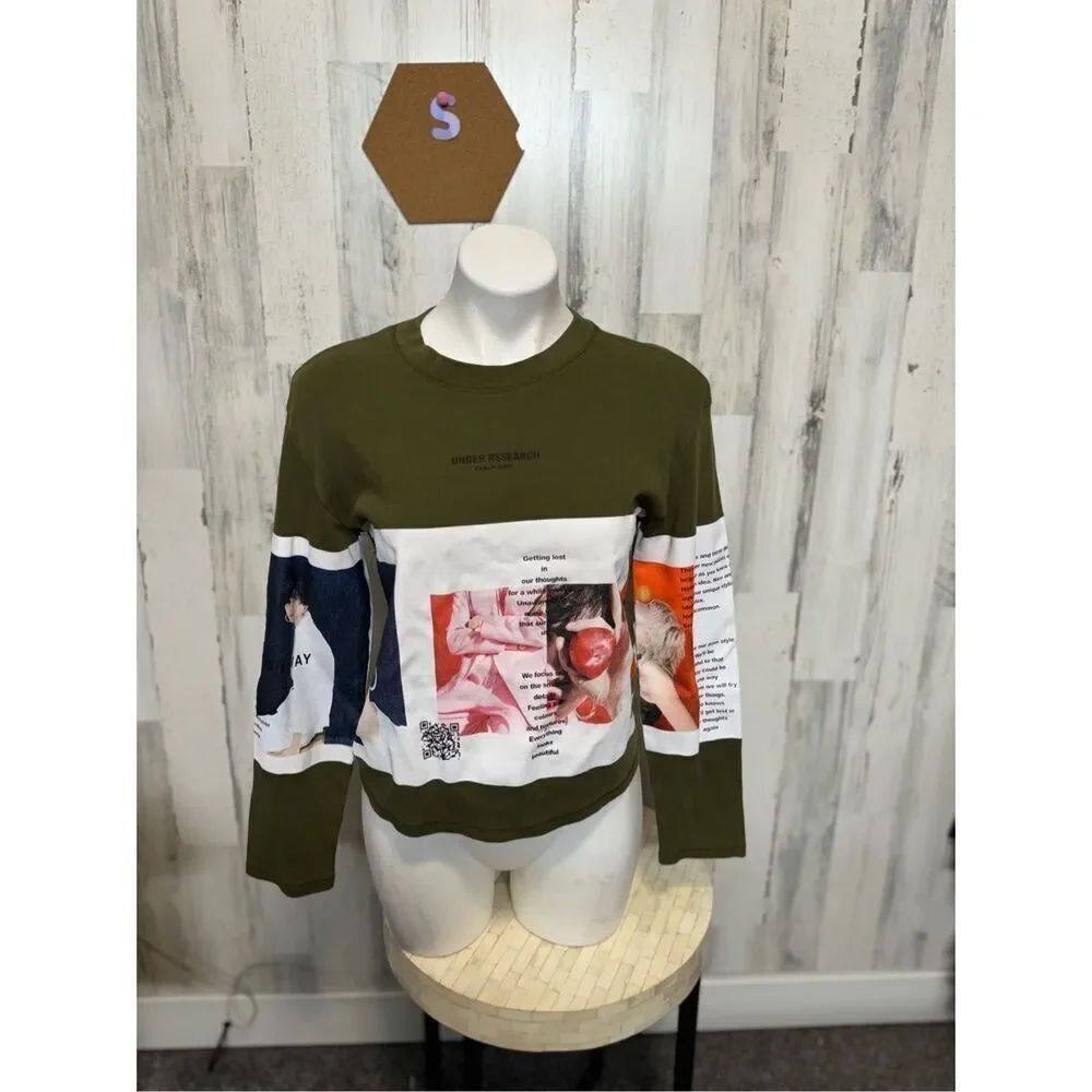 ZARA Graphic Crop Sweatshirt Size Small Olive Green Long Sleeve Crewneck